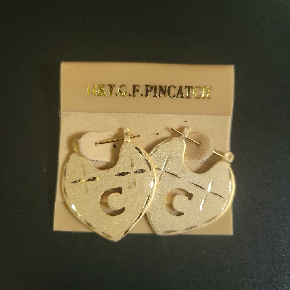 Vintage 14K Gold Filled Heart Pincatch Hoop Earrings Initial C Size 1in Retro
